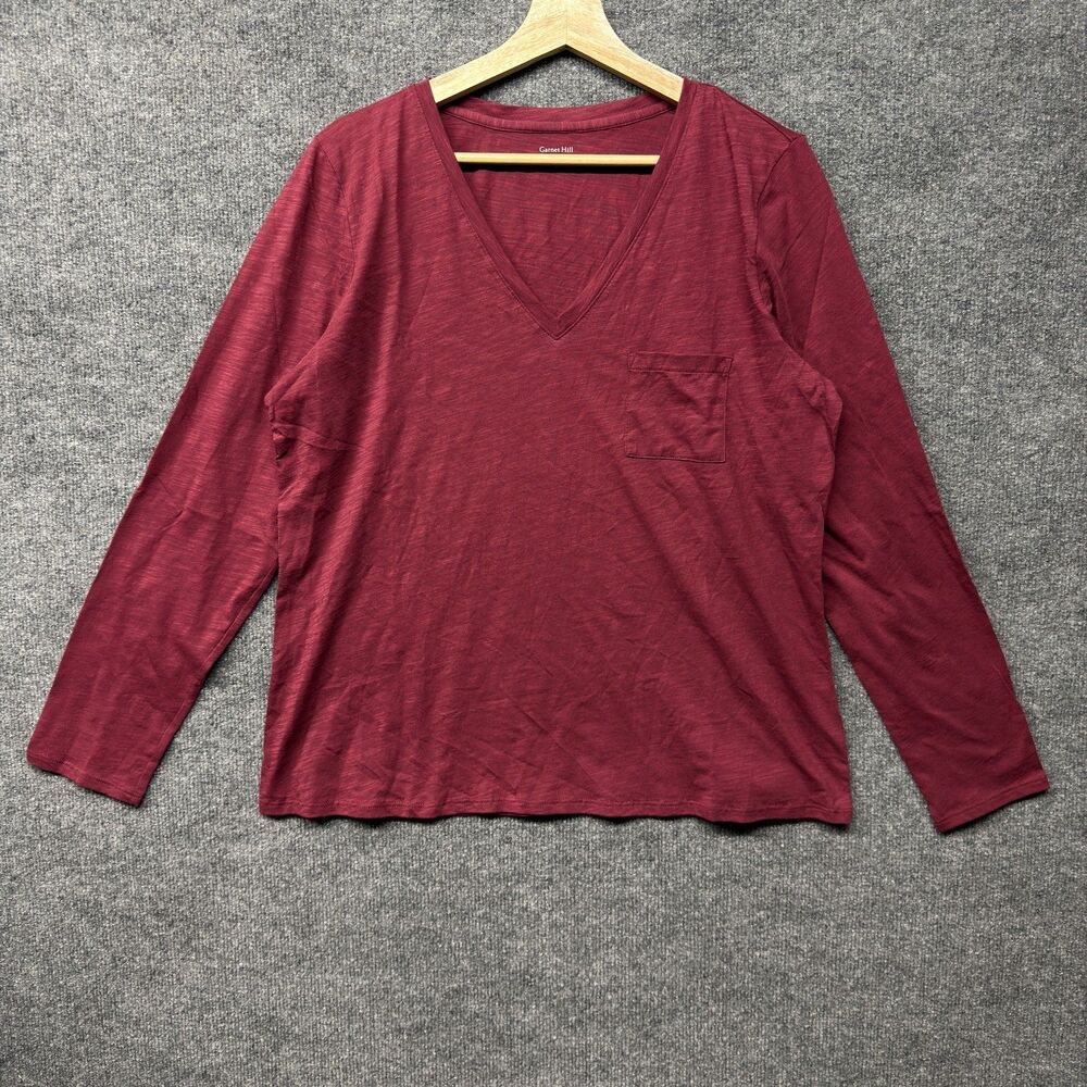 Garnet Hill T Shirt Womens L Red Organic Pima Cotton V Neck Long Sleeve